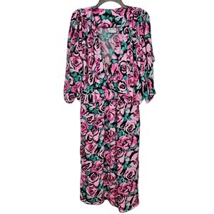 Vintage Kimono Sleeve Rose Floral V-Neck Midi Dress Plus Size